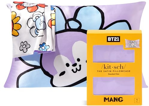 BT21 x Kitsch Satin Pillowcase with Zipper Closure, Softer Than Mulberry Silk Pillow Cases Standard Size 1 Pack, Smooth Cooling Pillow Covers Queen for Hair, Skin Health & Beauty Sleep 19x26 in, Mang