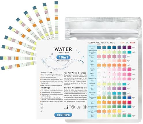 Wassertest Trinkwasser Teststreifen Kits, 50 Stück 16 in 1 Wassertester für Zuhause Leitungswasser Trinkwasser, pH, Mangan, Nitrat, Eisen, Nitrit, Kupfer, Eisenhärte