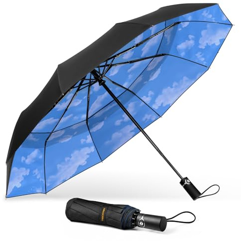 TECKNET Paraguas Plegable, Antiviento Sombrilla con Doble Cubierta para Hombres, Automático Abierto y Cierre, Ligero Portátil, Viaje Grandes Umbrella de 10 Varillas, Cielo