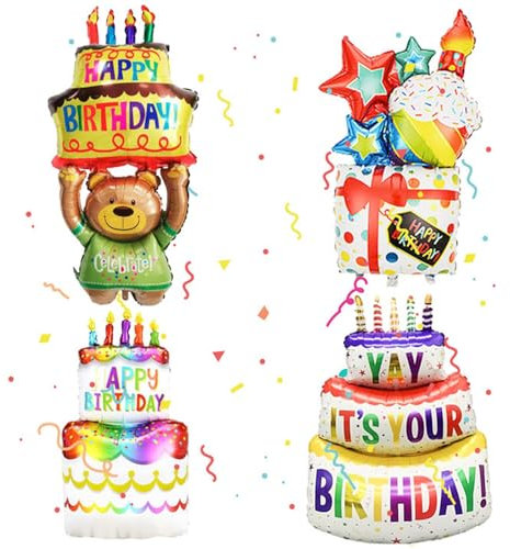 Torta di Compleanno Palloncini in Alluminio, 4 Pezzi Palloncino in Piedi Per Torta di Compleanno, Foil Palloncino Happy Birthday, Palloncini di Compleanno con Motivi Colorati per Feste