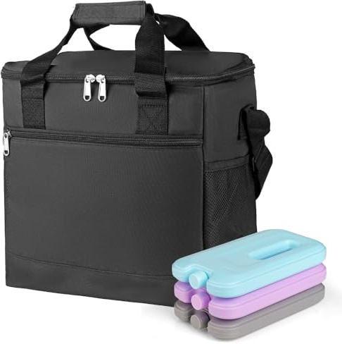 Ultimate Insulated Cooler Bag with Free 3Pcs Ice Packs - Dual-Compartment Waterproof Lunch Bag for 24 Cans - Perfect for Beach, Travel, Work, Picnic | Leak-Proof & 20 Hours Cooling (Black)
