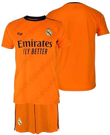 Real Madrid - Conjunto Camiseta y Pantalón Segunda Equipación Temporada 24/25, Naranja, Niños, Replica con Licencia Oficial (FR/ES, Edad, 10 años, Regular, Naranja)