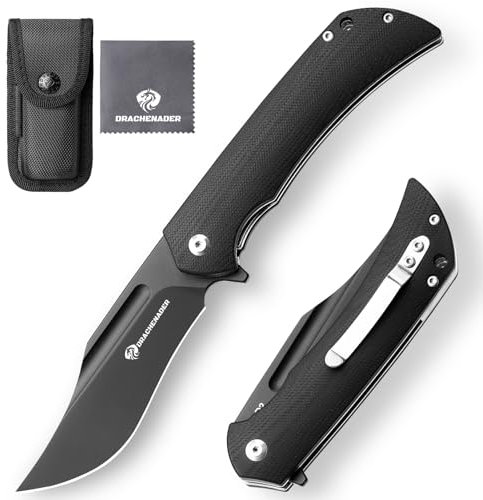 DRACHENADER Einhandmesser Y-WOLF, D2 Stahl Klappmesser, EDC Outdoor Taschenmesser mit Taschenclip, Nylontasche, G10 Griff, Vollschwarz