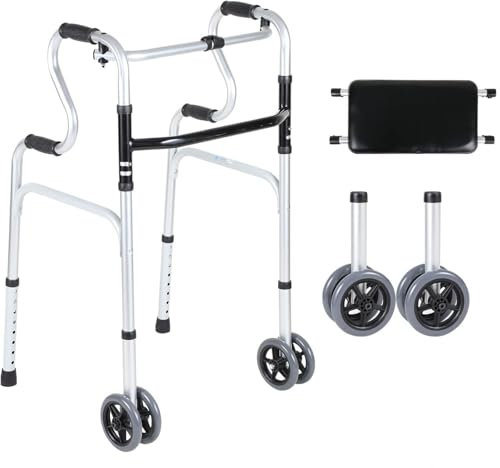 Vexorium Deambulatore pieghevole con 2 ruote, ausilio per la deambulazione per adulti regolabile in altezza in alluminio deambulatore stabile antiscivolo fino a 180 kg