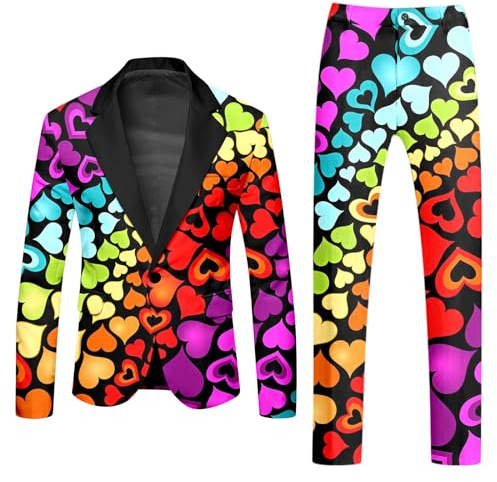 Mymyguoe Completo Colorato al Neon 2 Pezzi Uomo Slim Fit Giacca Pantaloni Set Due Pezzi Divertente Innovativo Completo Arcobaleno Set Blazer Tema Neon Outfit per Feste Discoteca Nightclub Performance