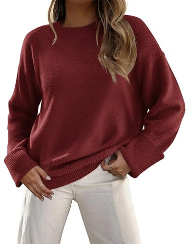 Zeagoo Oversized Jumper Womens Round Neck Long Sleeve Sweaters Chunky Knitted Winter Sweaters Fuzzy Autumn Tops Burgundy L