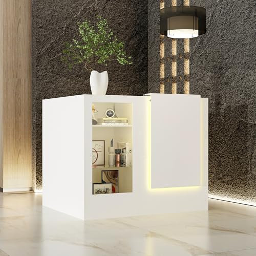 DEZAGCE Weißer Eck-Empfangstresen,Eck-Empfangstisch mit Tastaturschublade und 2 Schränken, Empfangstresen mit Lichtleisten, Empfangstresen mit gehärteter Glasplatte, Rezeptionstisch,120 x 122 x102 cm