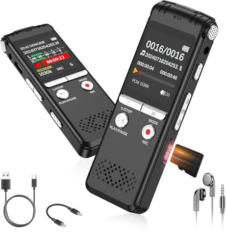 72GB Digitales Diktiergerät mit VOR-Funktion & KI-Rauschunterdrückung – Sprachrekorder mit Wiedergabefunktion für Meetings, Vorlesungen und Interviews, USB-Wiederaufladbar mit Aufnahme-LED-Anzeige