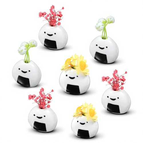 7 Pcs Mini Flower Vase, Handmade Ceramic Rice Ball Japanese Onigiri Bud Vases for Dry Flowers, White Small Decorative Vases for Table Centerpieces, Room Decor