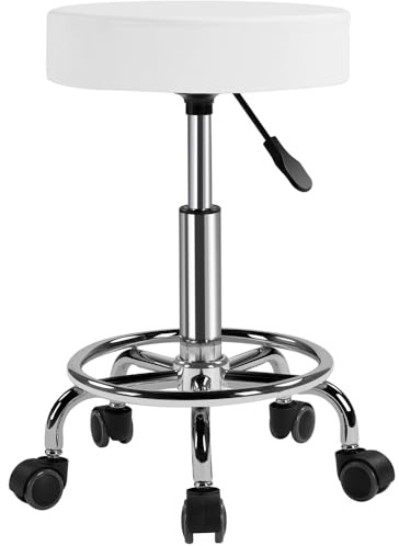 Yaheetech Rollhocker Höhenverstellbar 50,5–65 cm Sitzhöhe Drehhocker 360° Drehbar Bürohocker bis 120 kg Arbeitshocker mit Rollen Hocker Weiß