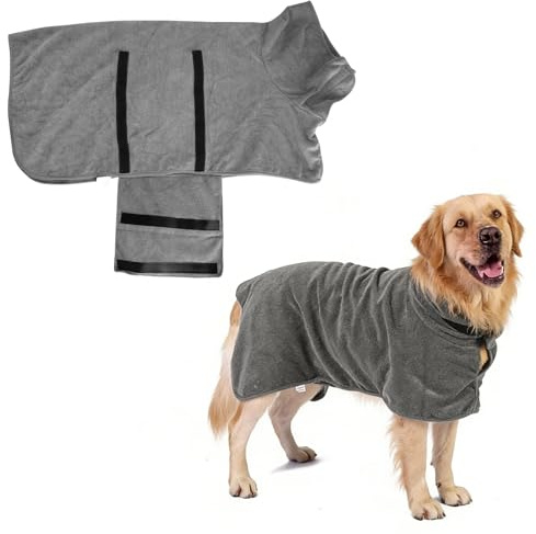 Accappatoio per Cani in Microfibra con Velcro, Accappatoio Cane Super Assorbente e ad Asciugatura Rapida, Abbigliamento Asciugamano Morbida per Animali, per Cani Taglia Grande Media (L, Grigio)