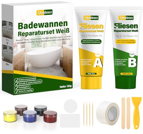 Fliesen Reparaturset – Waschbecken Reparaturset Keramik Weiß, Emaille Reparaturset von Quadence, Unsichtbare Farbangleichung, Wasserdicht für Bad & Dusche, für Risse, Absplitterungen & kleine Löcher