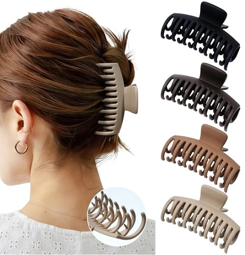 Mesovor 4 Pack Double Row Teeth Hair Claw Clips, 3.5 Large Strong Hold Matte Hair Clips for Thin and Short Fine Hair Accessories (Neutral Matte)