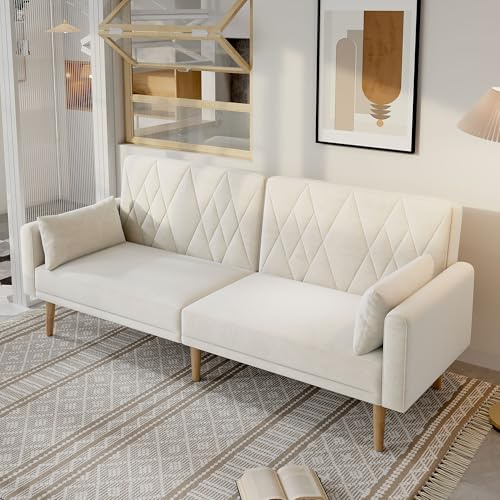 Sovsoffa, tvåsitssoffa, bäddsoffa med sovfunktion, hopfällbar soffa perfekt för kompakta utrymmen, soffa i sammet, för vardagsrum, sovrum, hemmabio, gästrum, beige
