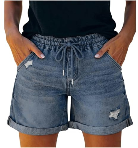 Pantalones Cortos Vaqueros para Mujer Cintura Alta elásticos Casual Shorts Vaqueros Verano Comodos con Bolsillos Dobladillo Enrollado Pantalon Corto Cuerda Jeans Shorts para Uso Diario Verano Viajes