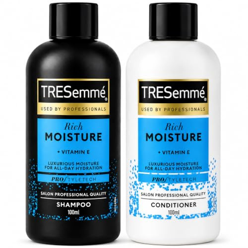 TRESemmé Rich Moisture Shampoo & Conditioner Set 2 x 100ml, Travel Size Mini Hair Care Duo with Vitamin E for Dry, Damaged Hair