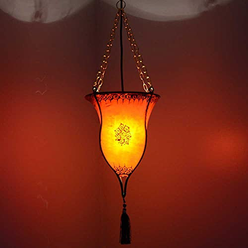 210228 Lampe à suspension orientale en forme de trophée Orange 20 x 60 cm (Ø x H) Lampe en cuir Henné Lampe suspendue au-dessus de la table Abat-jour en cuir véritable Armature en métal