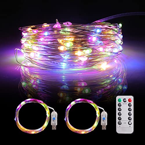 Mandiq 2 Pack Fairy Lights - 100 LED, 33 FT USB Powered Silver Wire String Lights with Remote Control