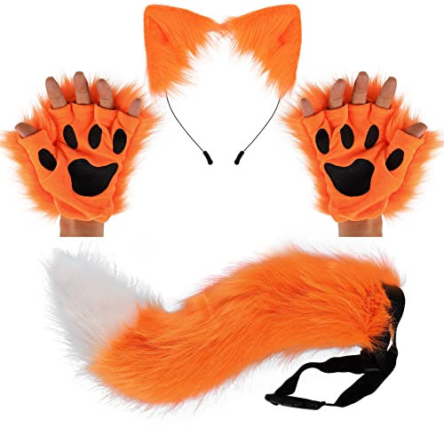 Wolf Fuchs Schwanz Clip Ohren und Handschuhe Set Halloween Weihnachten Fancy Party Kostüm Spielzeug Geschenk für Kinder oder Erwachsene (orange)