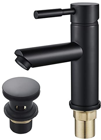 Black Basin Tap with Waste,Luckyhome Washroom Sink Mixer Taps Single Lever Brass Cold and Hot Water Faucet