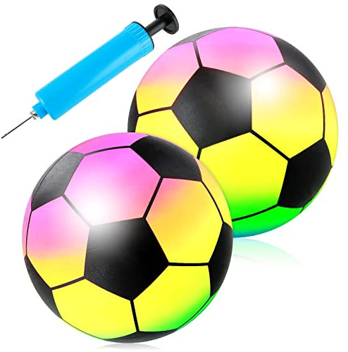 Thinp 2 Pieces Inflatable Soccer Ball, 9 Inch Rainbow Playground Balls for Adults Inflatable Vinyl Balls with Added Hand Air Pump Neon Soccer Ball Rainbow Football for Playground Indoor and Outdoor