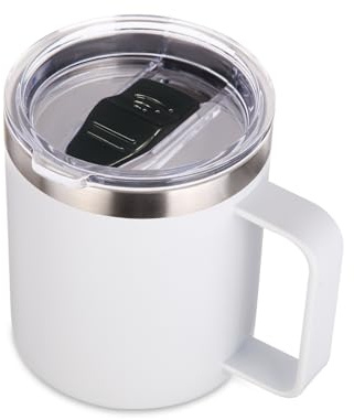 Volhoply 410 ml isolerad rostfritt stål kaffemugg med läcksäckt lock, dubbelväggsvakuum reskaffemugg med handtag, campingmugg håller varm/kall (Vit, 1)