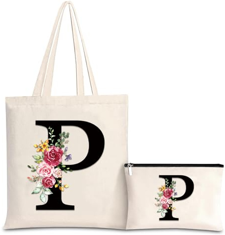 Sac Fourre-tout en Toile avec Initiale Fleur, Sac Tote bag en Toile Trousse de Maquillage Personnalisés Idéal pour Mariage, Anniversaire, Plage, Vacances, Cadeau Parfait pour Femmes, Mères, Amis(P)