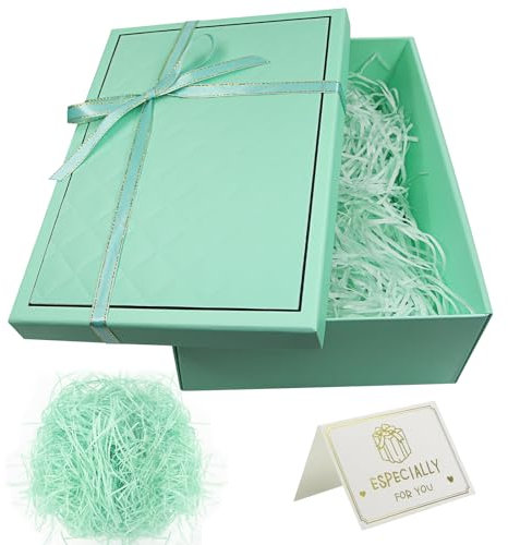 Geschenkbox mit Deckel, Geschenkbox mit Schleife und Grußkarte, 25×18×8,8 cm Rechteck Geschenkkarton, Faltbare Geschenkschachtel für Geburtstag, Fest, Jahrestag, Hochzeit, Weihnachten (Grün)