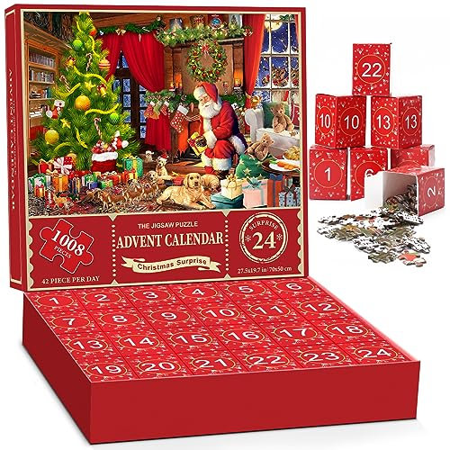 Jigsaw Puzzle, 70x50cm, 24 Boxen -1008 Teile Puzzles für Erwachsene und Kinder, Countdown bis Weihnachten, Der Weihnachtsmann bereitet Geschenke vor Hausdekoration