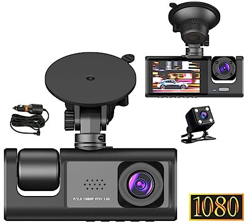 Dash CAM Delantero y Trasero Interior, 1080P FHD Cámara de Tablero de Tres Canales para Automóviles, WDR, Sensor G, Grabación en Bucle, Monitor de Estacionamiento, Grabación 24