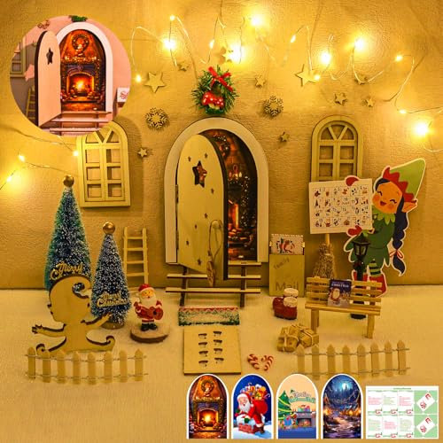 Isisyu Wichteltür Set mit Licht 55 Stück Wichtel Zubehör Weihnachten Komplettset Im Dunkeln Leuchten, Wichtelbriefe, Wichtel Schablone, Fußabdrücke, Adventskalender, Magische Tür, Weihnachtsbaum