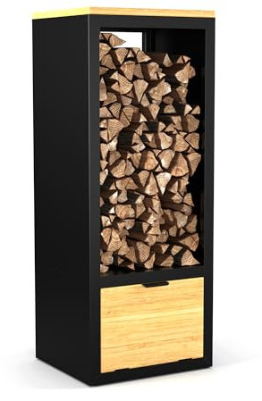 blumfeldt Support de Bois de Chauffage – 2 en 1 Rangement & Étagère, Acier thermolaqué & Bois d'Hévéa, 40x35x100 cm, Moderne & Pratique, Support Bûches de cheminée avec boîte de Rangement