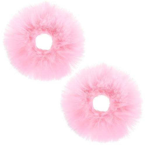 Lot de 2 élastiques à cheveux à pompons roses en fausse fourrure de lapin pour queue de cheval - Accessoires pour cheveux de bébé pour filles et femmes (rose)