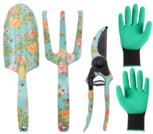 JNUYISW Juego de Herramientas de Jardin, 4 Piezas Herramientas Jardineria con Estampado Floral Incluido Rastrillo, Pala de Mano, Tijeras de Podar, Guantes Kit de Regalo de Jardinería para Mujeres