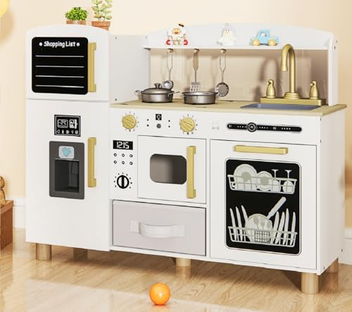INFANS Play Kitchen for Kids, Wooden Pretend Playset with Acrylic Drawing Board Ice Maker Dishwasher Fabric Drawer, Toddler Cooking Toy Gift for Boys Girls (White)