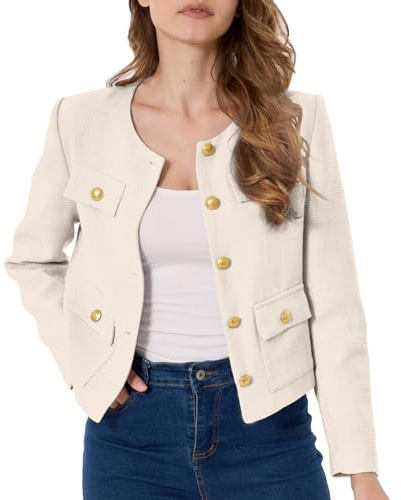Women's Tweed Jacket Cropped Blazers Spring Summer Round Neck Business Work Office Plaid Jacket（Beige,S