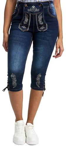 Bavarigo Jeans corti da donna in look pantaloni in pelle, pantaloni corti da donna, al ginocchio, per Oktoberfest e altre festività, vestibilità comoda grazie all'inserto elasticizzato, Blu, M