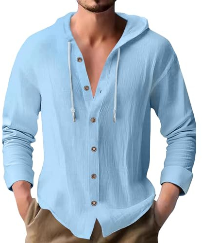 PRIVIMIX Chemise Homme Manche Longue Chemises à Capuche Lin Coton Hoodie Tee Shirt Bleu 3XL