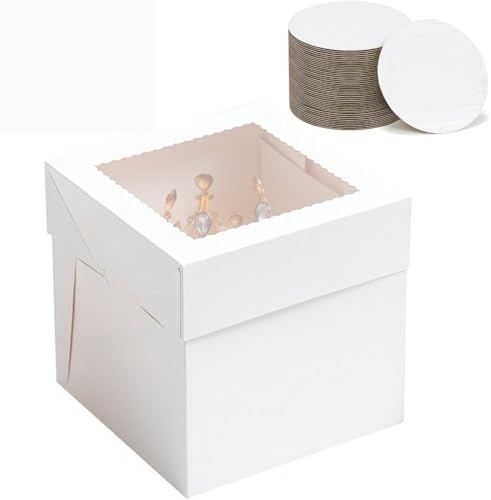 CUESVAP Juego de 5 cajas para tartas (25,5 cm, rectangulares), caja de cartón para tartas con ventana transparente y tabla redonda, caja de transporte para tartas, alta para boda/regalo (10 x 10 x 10