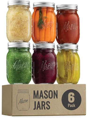 16 oz Mason Jars, Regular Mouth Jars with Lids & Seal Bands, Airtight Container for Staining, Preserving, Candles, Home Decor, Overnight Oats, Fruit Preserves, Jam or Jelly Mason Jars (6 Pack)