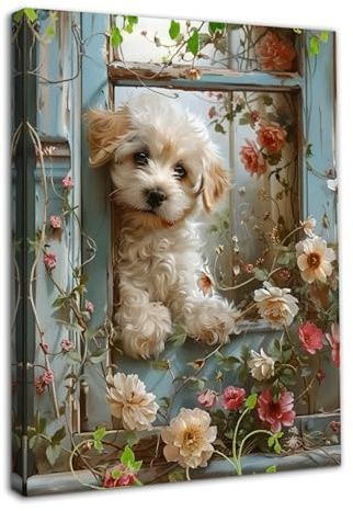 Dazzlewall Encadré Fleur Fenêtre Chien Art Mural Affiche, Mignon Chien Art Mural Image pour Salle de Bain Cuisine Chambre Décor 12x16 in, Cadeau D’Amoureux des Animaux de Compagnie