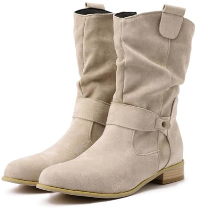 Generisch Bottines pour femme 2026 - Élégantes - En daim - Pointues - Avec boucle - Bottines d'hiver à talon bloc - Bottines mi-hautes pour femme, beige, 36 EU