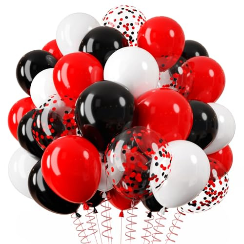 QIFU Globos Rojos Negros, 12 Pulgadas Globos De Cumpleaños Blanco Latex Globo Confeti Rojo y Negro Para Graduacion Halloween Fiesta Casino Decoración Carreras Póquer Temá Ticos Fiesta