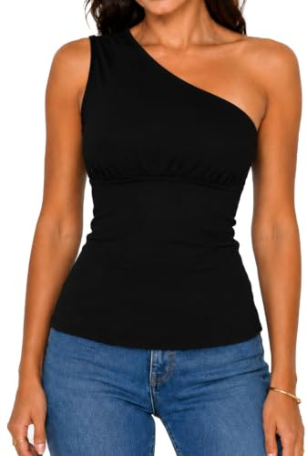 TZLDN Women Asymmetrical One Shoulder Tank Top Ruched Bust Slim Fitted Club | Soft High Stretch Cinched Waist Unique Diagonal Off Shoulder Cut Pair with Jeans Skirt for Party Holiday Daily Street Outfits