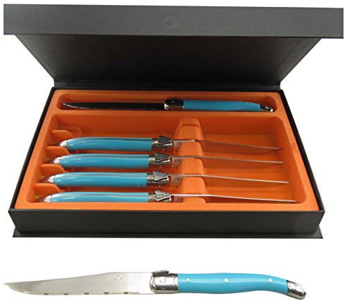 LEBRUN Couverts - Coffret de 6 Couteau Steak Laguiole - Couteaux à Steak de Table pour Tous les Jours - Set en Acier Inoxydable - Boîte Cadeau Élégant, Bleu