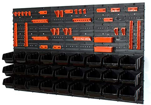 Lot de 27 boîtes de rangement empilables avec étagère murale 120 x 80 cm | Étagère de rangement murale à outils atelier garage plaques murales Noir/orange