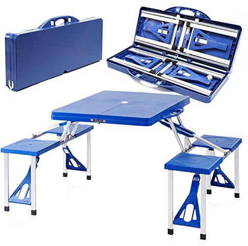 WilTec Kit Table de Camping Pliante, 1330 x 845 x 670 mm, avec 4 sièges solidaires, Table Portable PE-HD/alu, extérieur, BBQ, fêtes, Barbecue, Pique-Nique