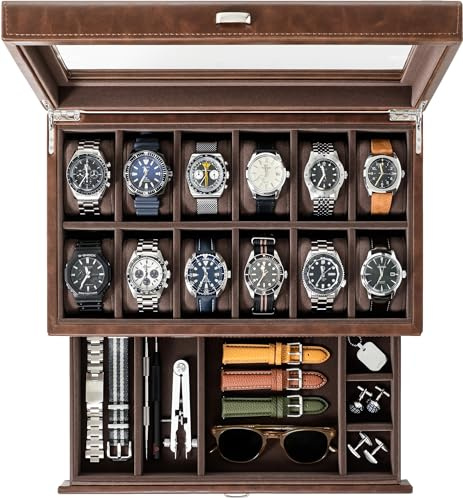 TAWBURY Caja de reloj para hombre – 8, 12, 12 Slot with Drawer, Cuero sintético - Marrón