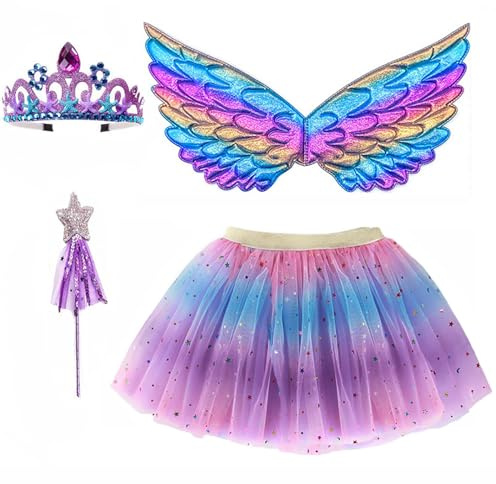 ZJstyle Flickor prinsesskostym barn, maskeraddräkt flickor älva kostym set, prinsessa, tutu-kjol, älvutklädning, fantasidräkter, lek med vingar, trollspön, pannband och tutu älveset för 3-8 år (lila)