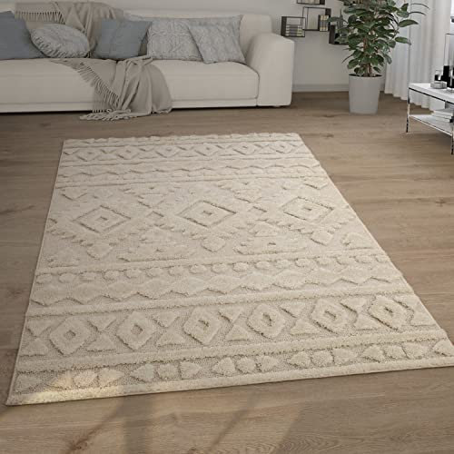 Paco Home Hochflor Teppich Wohnzimmer Shaggy 3D Optik Ethno Boho Vintage Look Weich, Grösse:200x280 cm, Farbe:Creme 6
